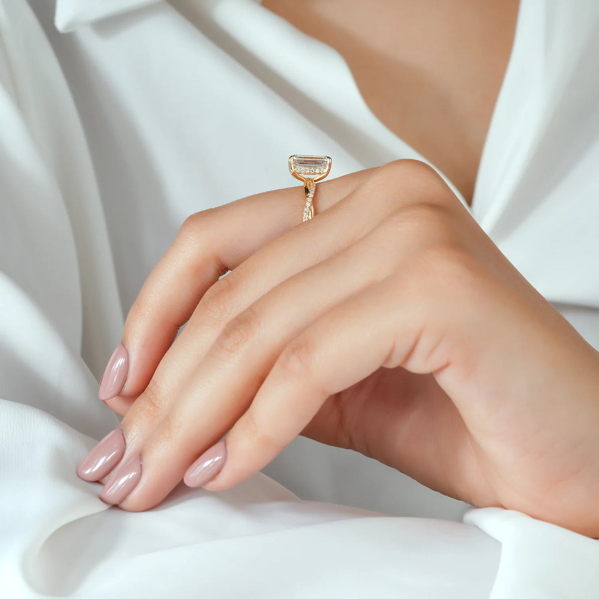 Emerald Cut Twisted Pavé Diamond Ring