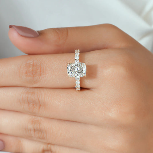 Cushion Lab Grown Diamond Hidden Halo, Round Diamond Shared Prong Ring