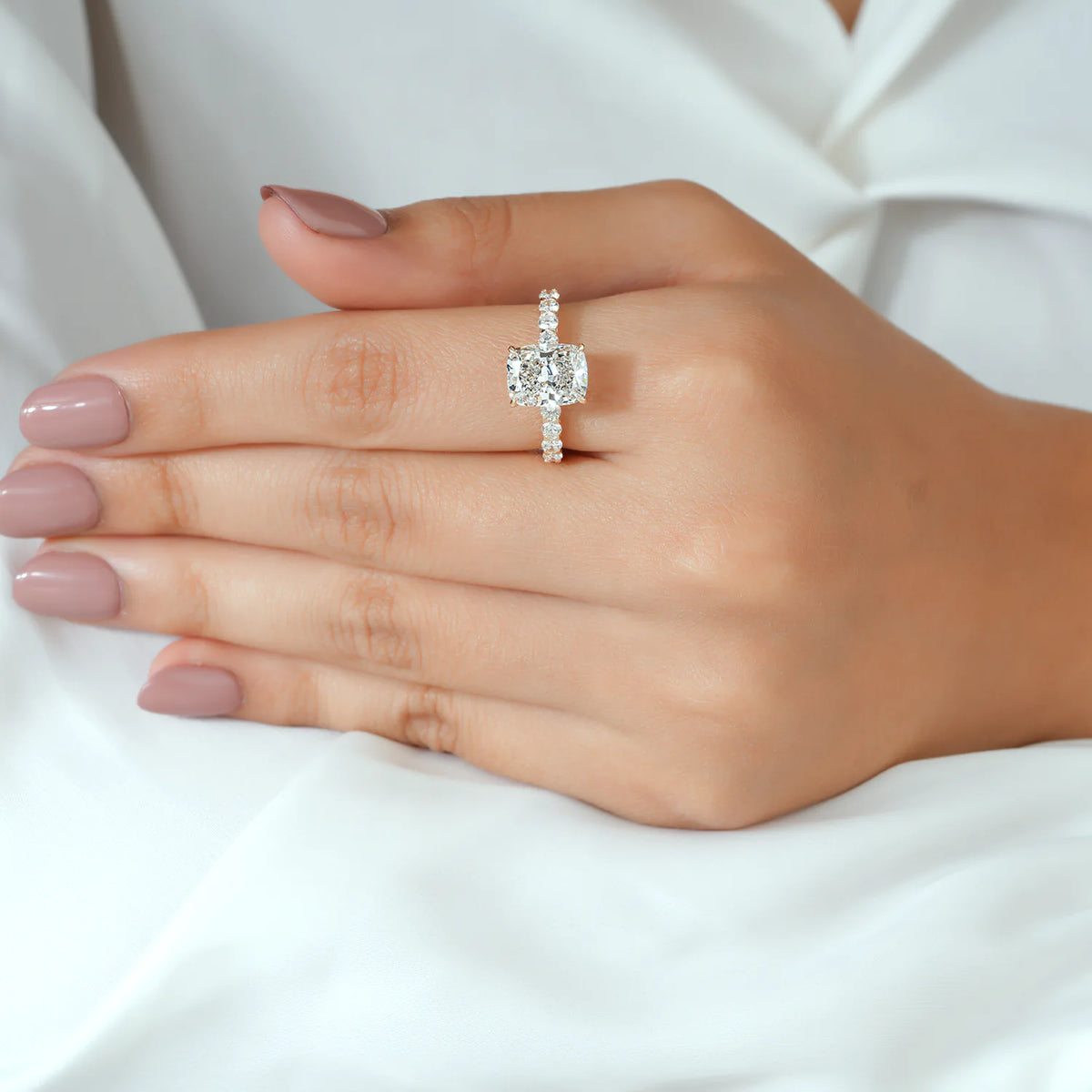Cushion Lab Grown Diamond Hidden Halo, Round Diamond Shared Prong Ring