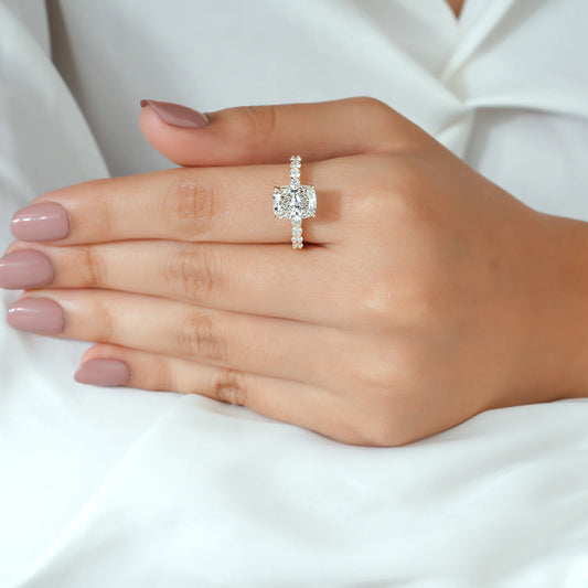 Cushion Lab Grown Diamond Hidden Halo, Round Diamond Shared Prong Ring