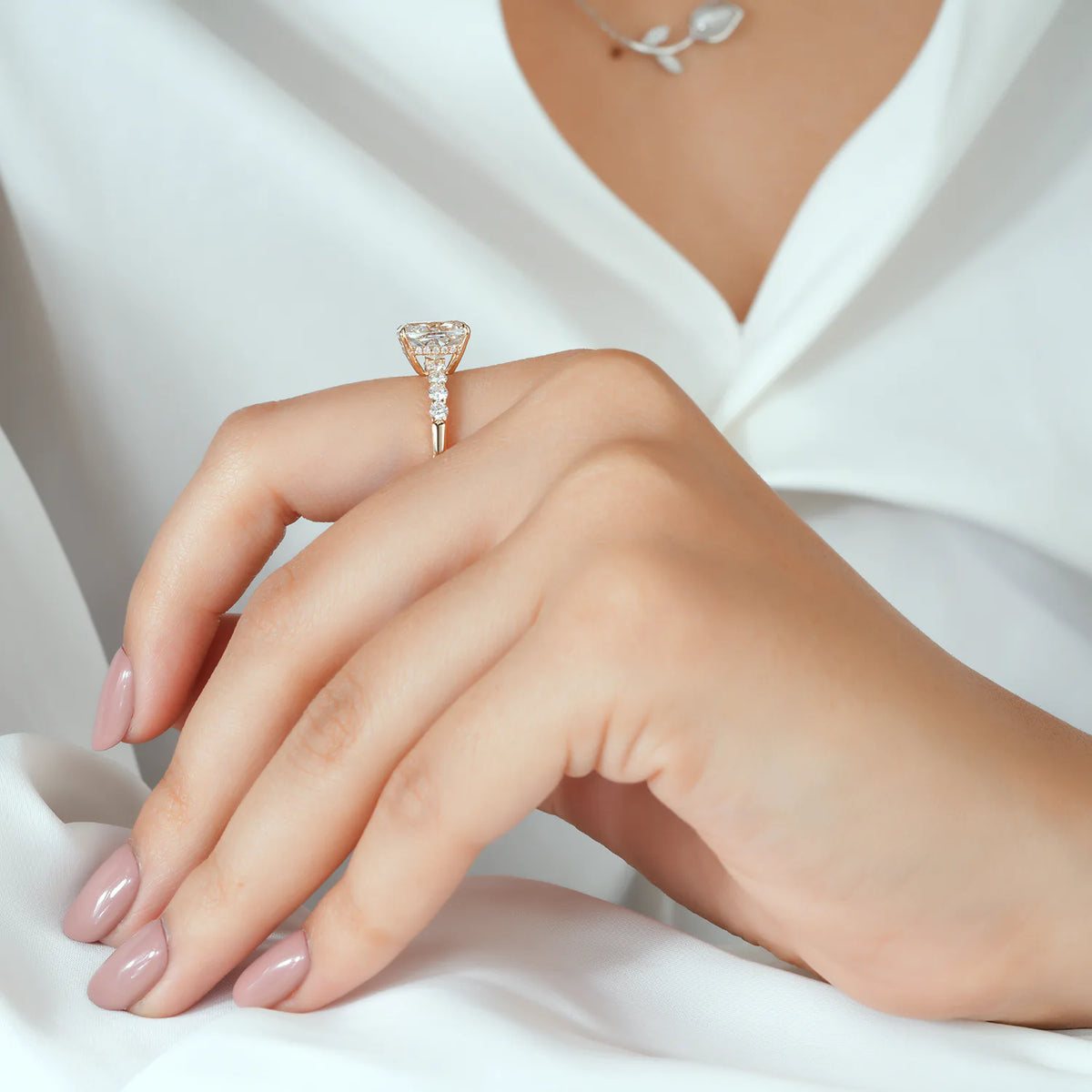 Cushion Lab Grown Diamond Hidden Halo, Round Diamond Shared Prong Ring