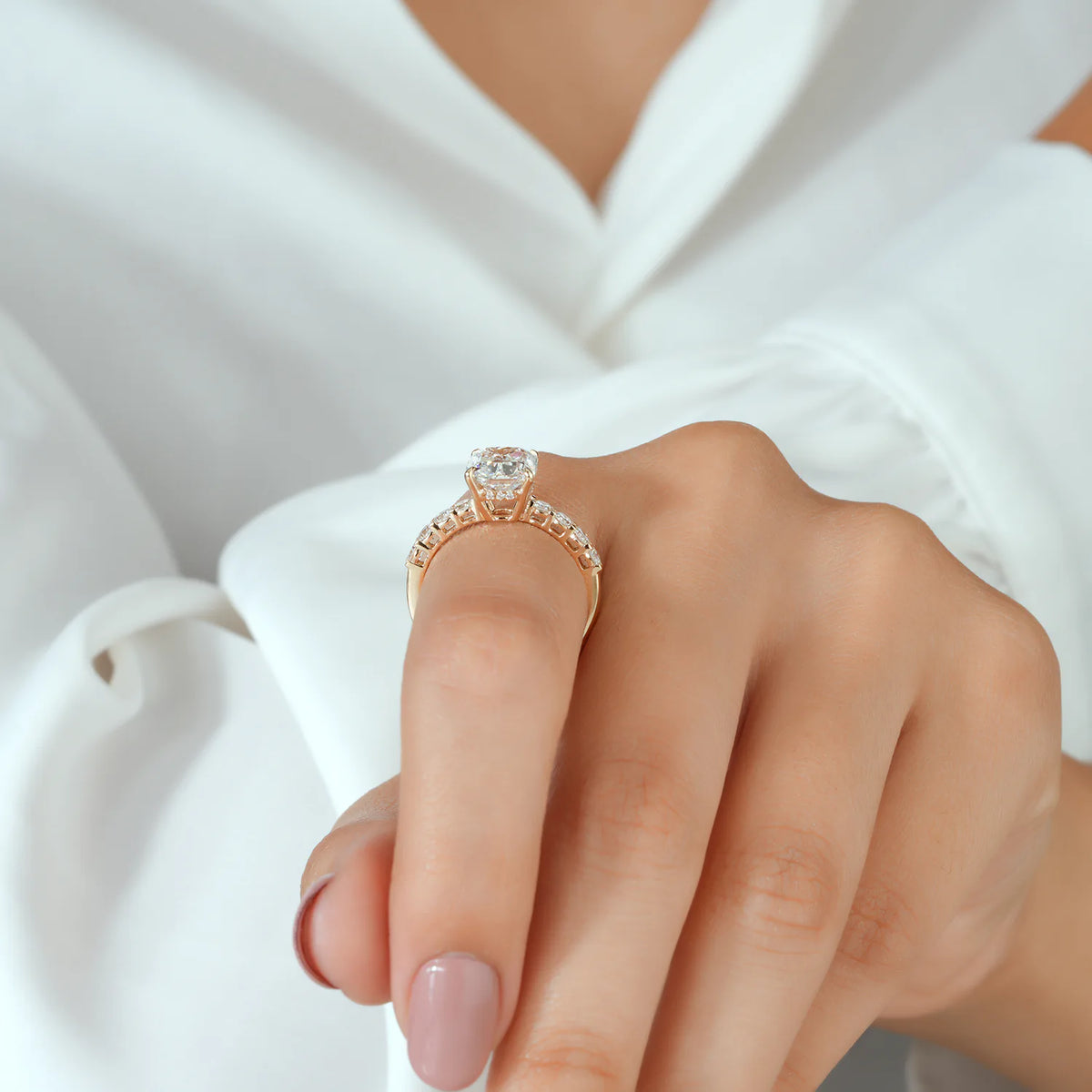 Cushion Lab Grown Diamond Hidden Halo, Round Diamond Shared Prong Ring