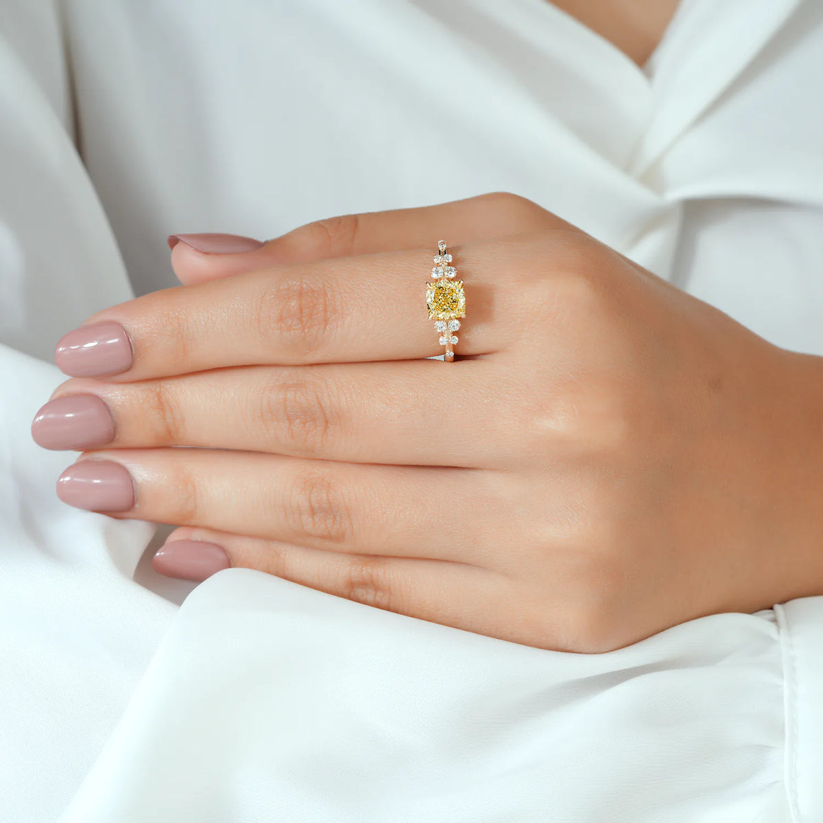 Yellow Cushion Lab Grown Diamond Ring, Round Diamond Cluster Sides
