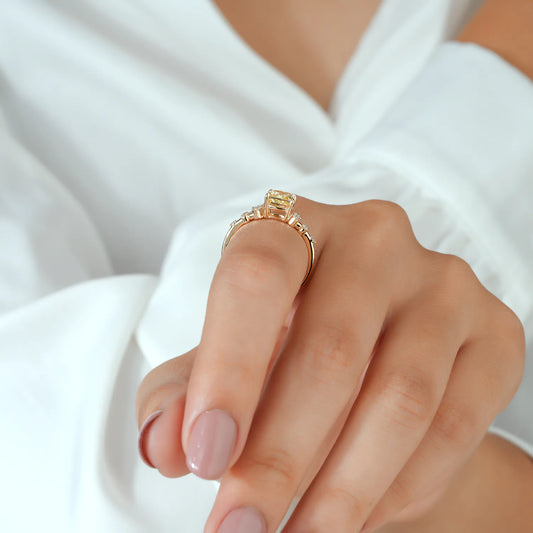 Yellow Cushion Lab Grown Diamond Ring, Round Diamond Cluster Sides