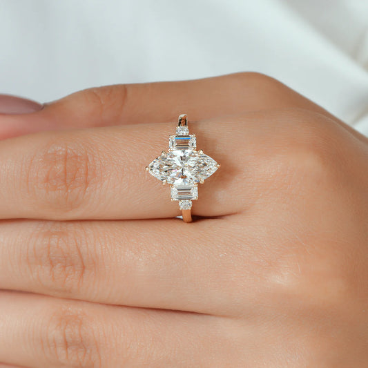 Marquise Cut Lab Grown Diamond Six Prong Five Stone Engagement Ring with Emerald Cut and Round Side Diamonds in Gold or Platinum
