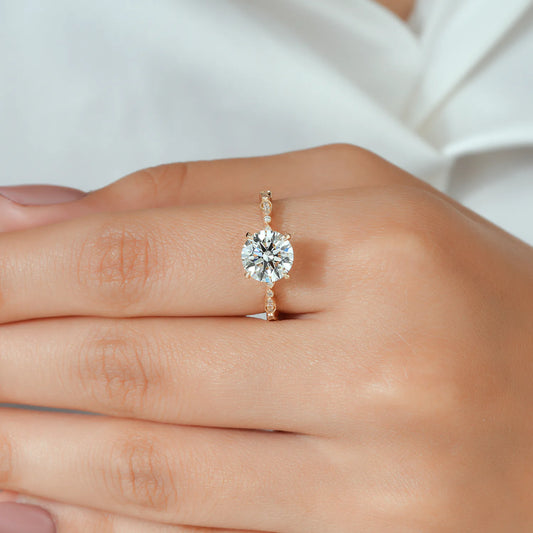 Round Lab Grown Diamond Four Prong Vintage Engagement Ring with Milgrain Marquise and Round Accent Band in Gold or Platinum