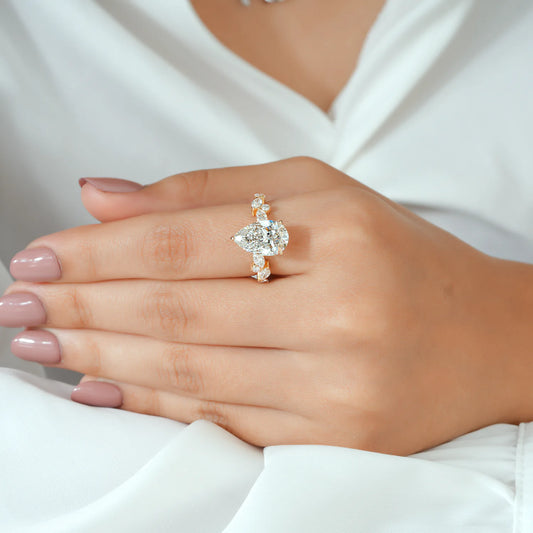 Pear Cut Lab Grown Diamond Cluster Engagement Ring in Yellow Gold