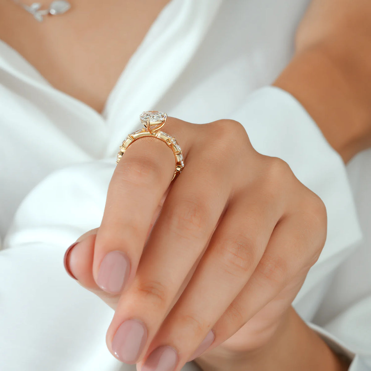 Pear Cut Lab Grown Diamond Cluster Engagement Ring in Yellow Gold