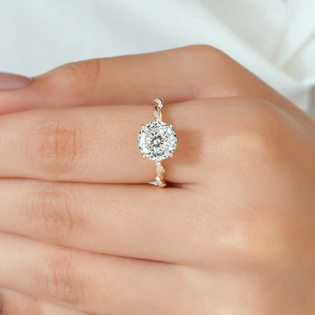 Round Lab Grown Diamond Four Prong Twisted Rope Band Engagement Ring with Diamond Accents in Gold or Platinum