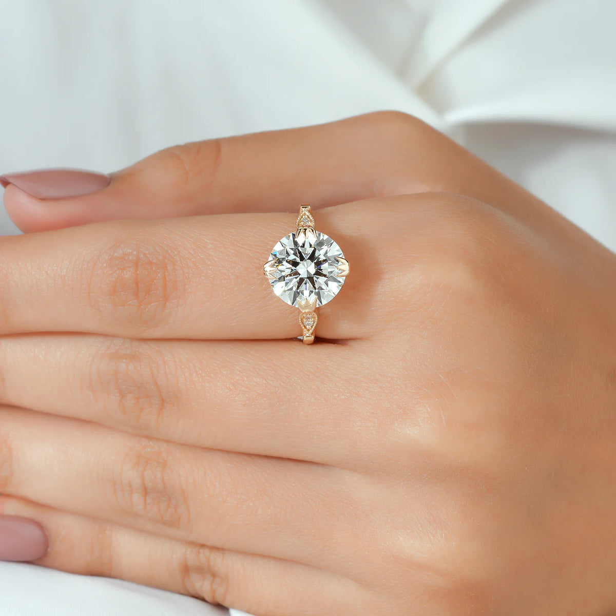 Round Lab Grown Diamond Fleur-de-Lis Prong Vintage Engagement Ring with Milgrain Marquise Accents in Gold or Platinum