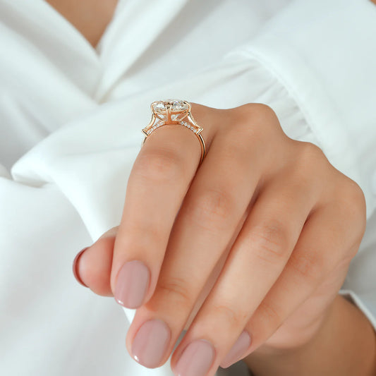 Round Lab Grown Diamond Fleur-de-Lis Prong Vintage Engagement Ring with Milgrain Marquise Accents in Gold or Platinum