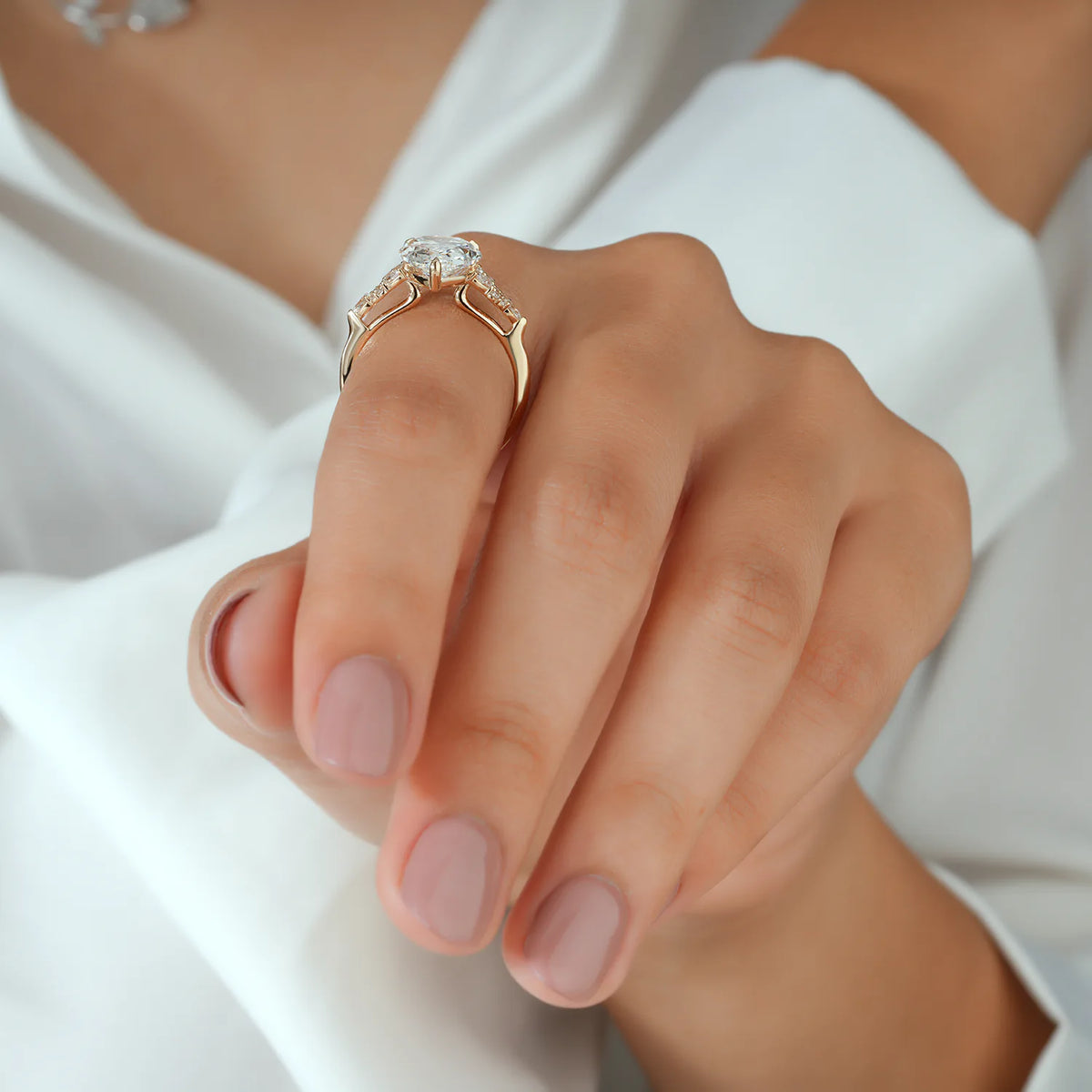 Pear Cut Lab Grown Diamond Cluster Side Stone Engagement Ring in Yellow Gold