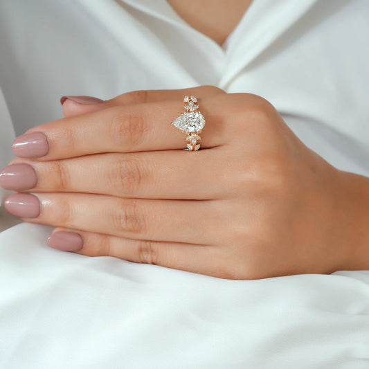 Pear Shaped Lab Grown Diamond Engagement Ring with Floral Vine Diamond Cluster Shank