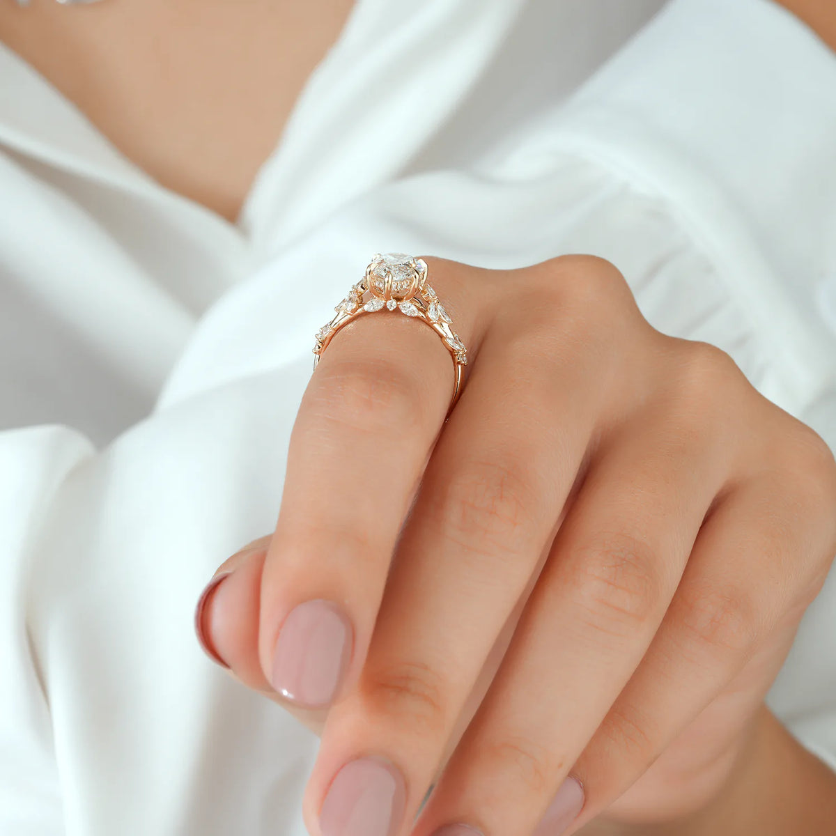 Pear Shaped Lab Grown Diamond Engagement Ring with Floral Vine Diamond Cluster Shank