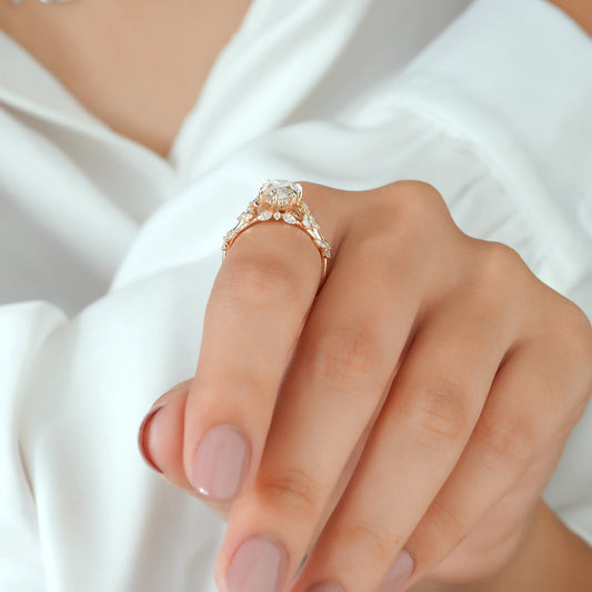 Pear Shaped Lab Grown Diamond Engagement Ring with Floral Vine Diamond Cluster Shank