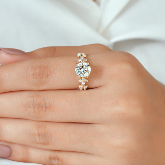 Round Lab-Grown Diamond Floral Leaf Engagement Ring with Hidden Halo