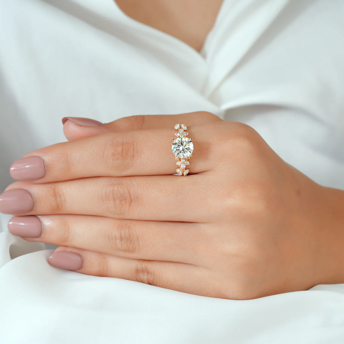 Round Lab-Grown Diamond Floral Leaf Engagement Ring with Hidden Halo