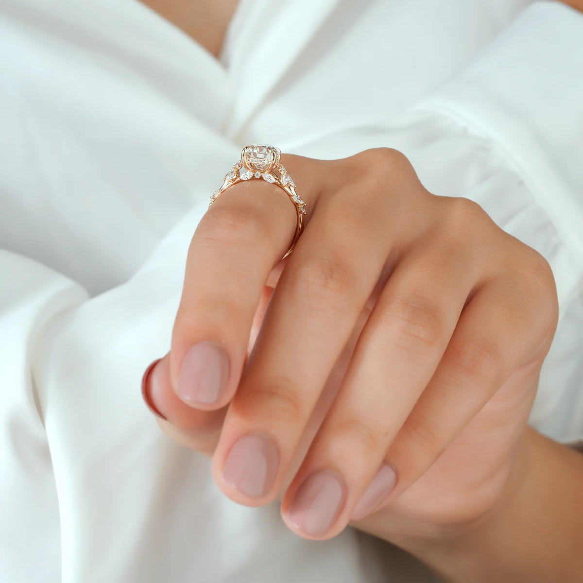 Round Lab-Grown Diamond Floral Leaf Engagement Ring with Hidden Halo