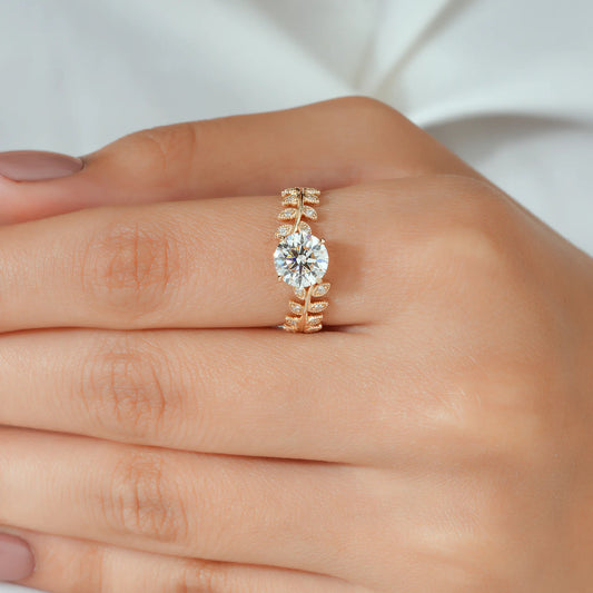 Round Lab Grown Diamond Four Prong Leaf Vine Engagement Ring with Milgrain Leaf Accents in Gold or Platinum