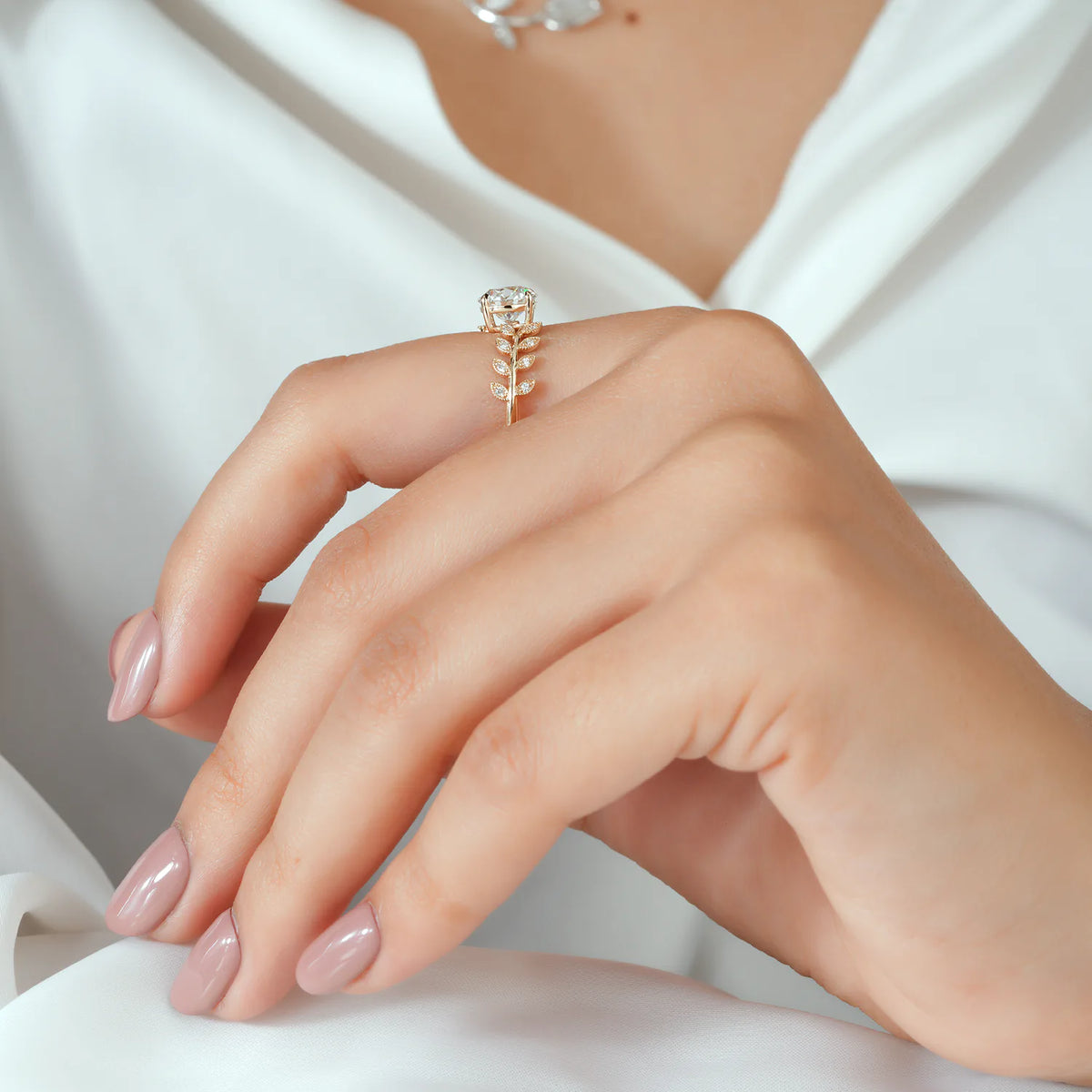 Round Lab Grown Diamond Four Prong Leaf Vine Engagement Ring with Milgrain Leaf Accents in Gold or Platinum