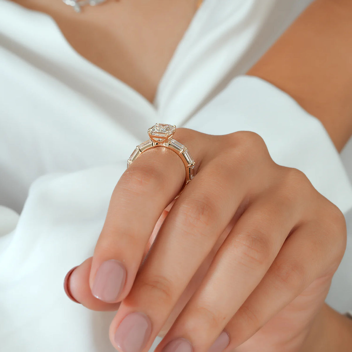 Emerald Cut Solitaire Bridal Set with Baguette Eternity Band