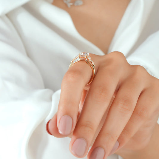 Round Lab Grown Diamond Four Prong Engagement Ring with Pear and Round Cluster Shoulders in Gold or Platinum
