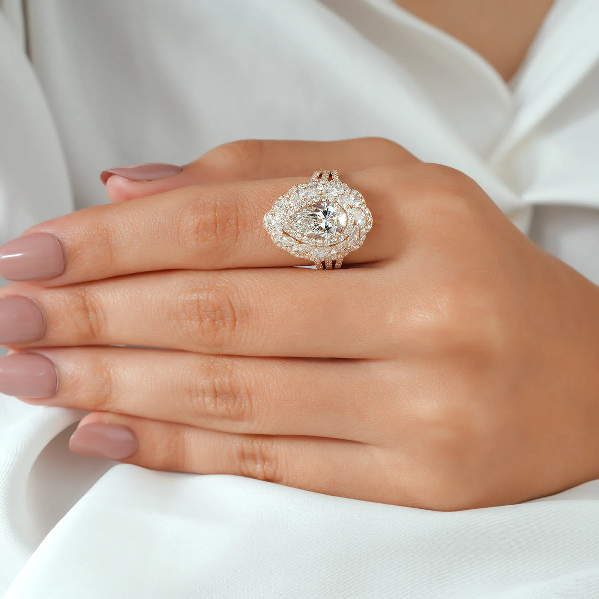 Pear Lab Grown Diamond Double Halo Cocktail Ring, Pave Ring