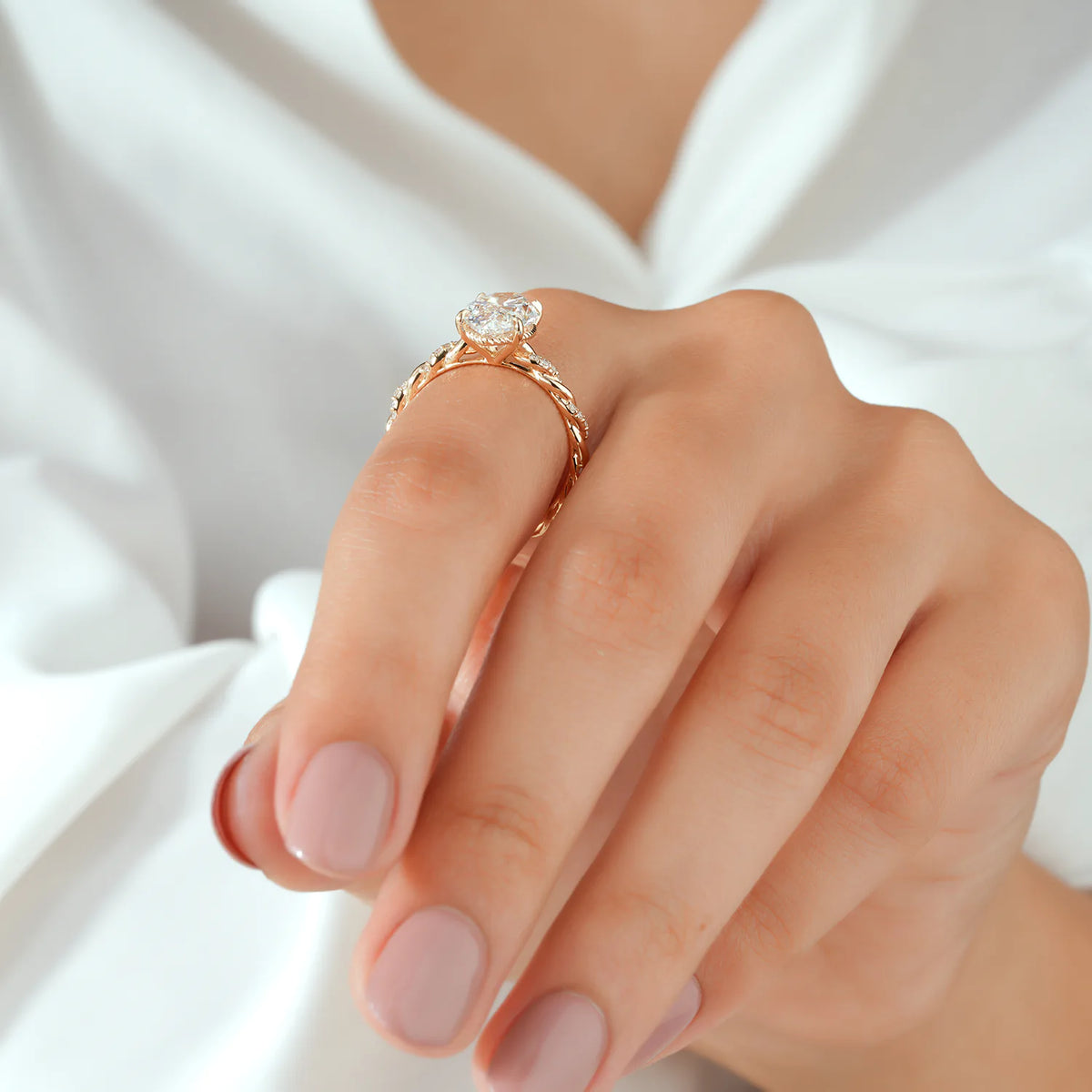 Marquise Cut Lab Grown Diamond Four Prong Twisted Rope Band Engagement Ring with Diamond Accents in Gold or Platinum