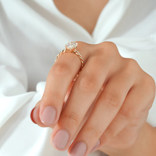 Marquise Cut Lab Grown Diamond Four Prong Twisted Rope Band Engagement Ring with Diamond Accents in Gold or Platinum