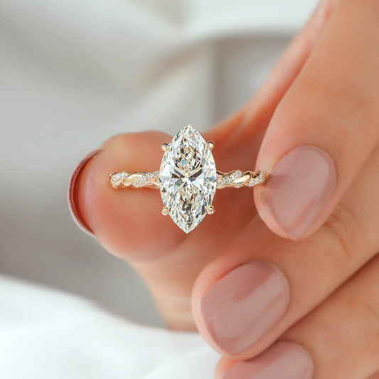 Marquise Cut Lab Grown Diamond Four Prong Twisted Rope Band Engagement Ring with Diamond Accents in Gold or Platinum