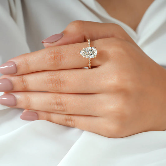 Vintage Style Pear Cut Lab Grown Diamond Engagement Ring with Milgrain Pave Ring in Yellow Gold