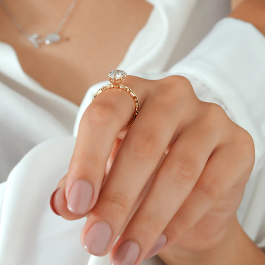 Vintage Style Pear Cut Lab Grown Diamond Engagement Ring with Milgrain Pave Ring in Yellow Gold
