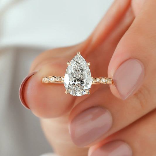Vintage Style Pear Cut Lab Grown Diamond Engagement Ring with Milgrain Pave Ring in Yellow Gold
