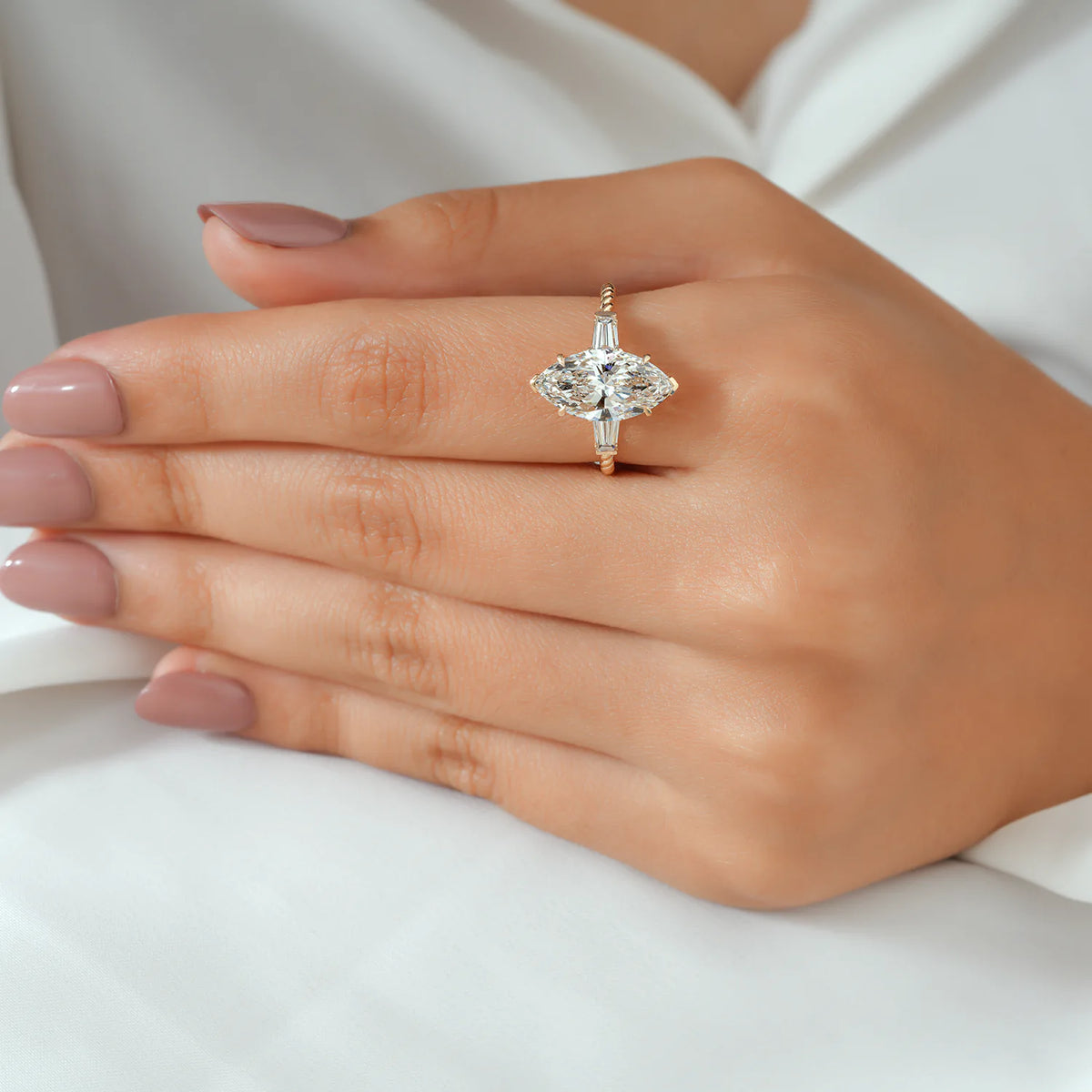 Marquise Lab Grown Diamond Ring, Baguette Sides, Twisted Rope Ring