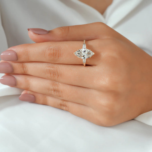 Marquise Lab Grown Diamond Ring, Baguette Sides, Twisted Rope Ring
