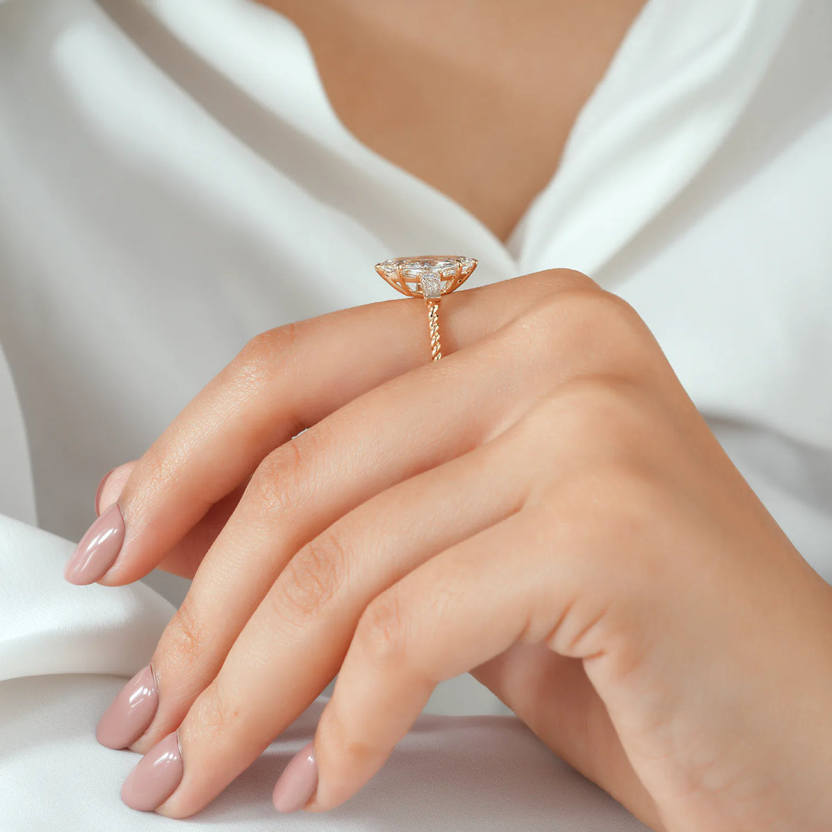 Marquise Lab Grown Diamond Ring, Baguette Sides, Twisted Rope Ring