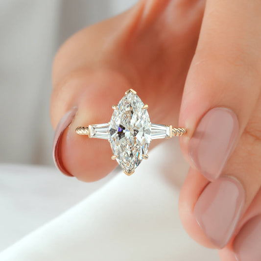 Marquise Lab Grown Diamond Ring, Baguette Sides, Twisted Rope Ring