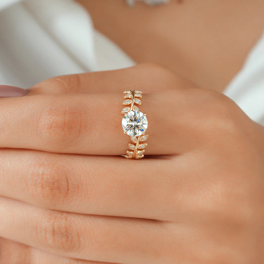 Round Lab Grown Diamond Four Prong Leaf Vine Engagement Ring with Marquise Diamond Branches in Gold or Platinum