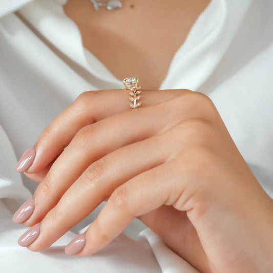 Round Lab Grown Diamond Four Prong Leaf Vine Engagement Ring with Marquise Diamond Branches in Gold or Platinum