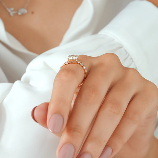 Round Lab Grown Diamond Four Prong Leaf Vine Engagement Ring with Marquise Diamond Branches in Gold or Platinum
