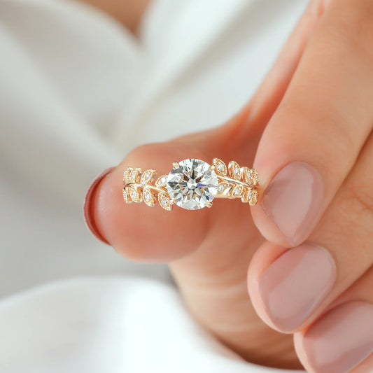 Round Lab Grown Diamond Four Prong Leaf Vine Engagement Ring with Milgrain Leaf Accents in Gold or Platinum