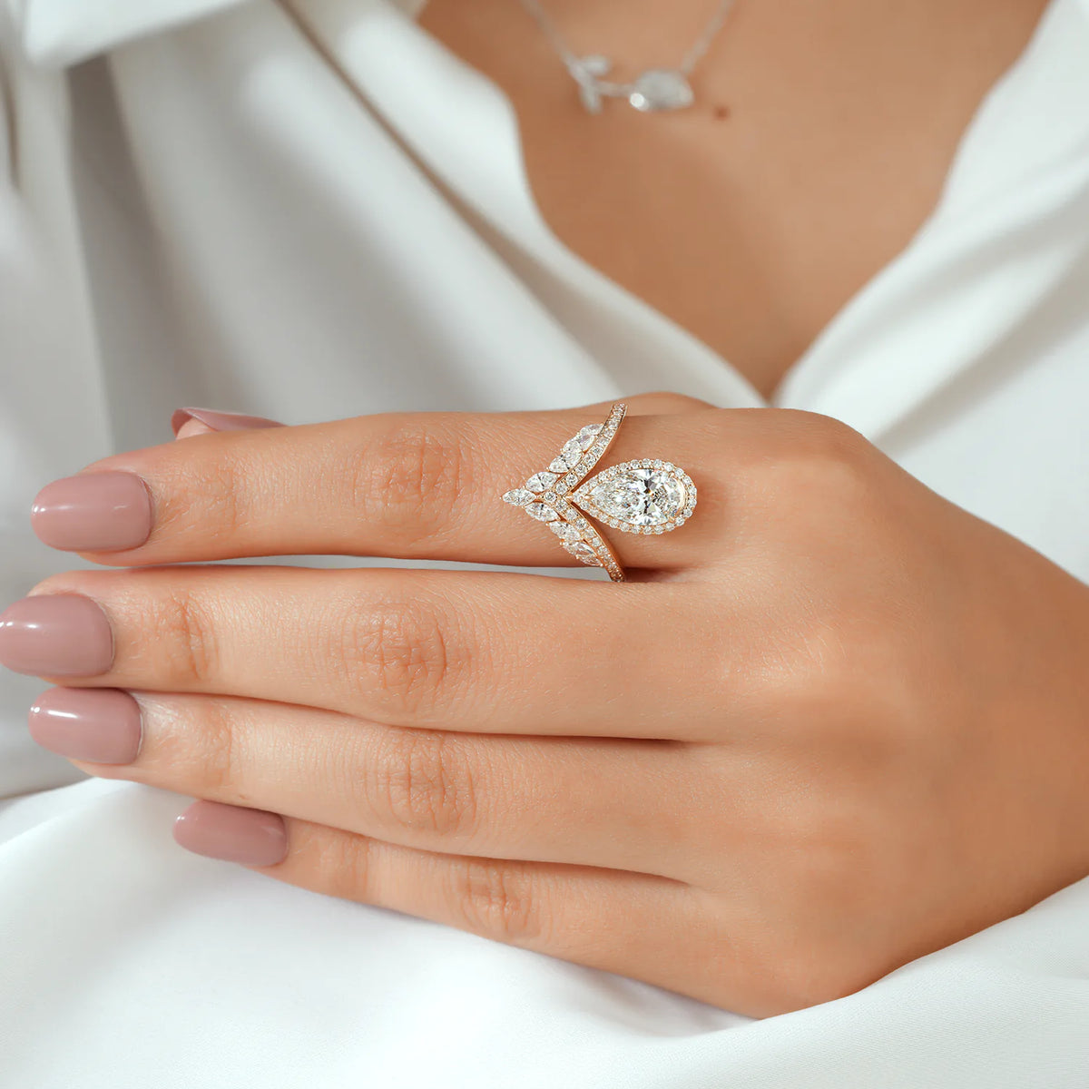 Pear Cut Lab Grown Diamond Halo and Marquise Cluster Engagement Ring in Yellow Gold
