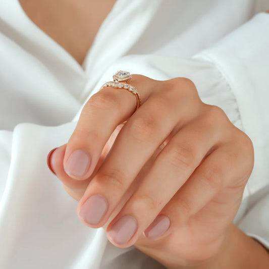 Pear Cut Lab Grown Diamond Halo and Marquise Cluster Engagement Ring in Yellow Gold
