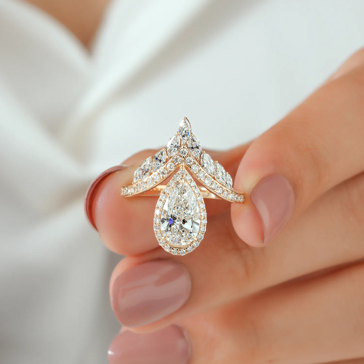 Pear Cut Lab Grown Diamond Halo and Marquise Cluster Engagement Ring in Yellow Gold