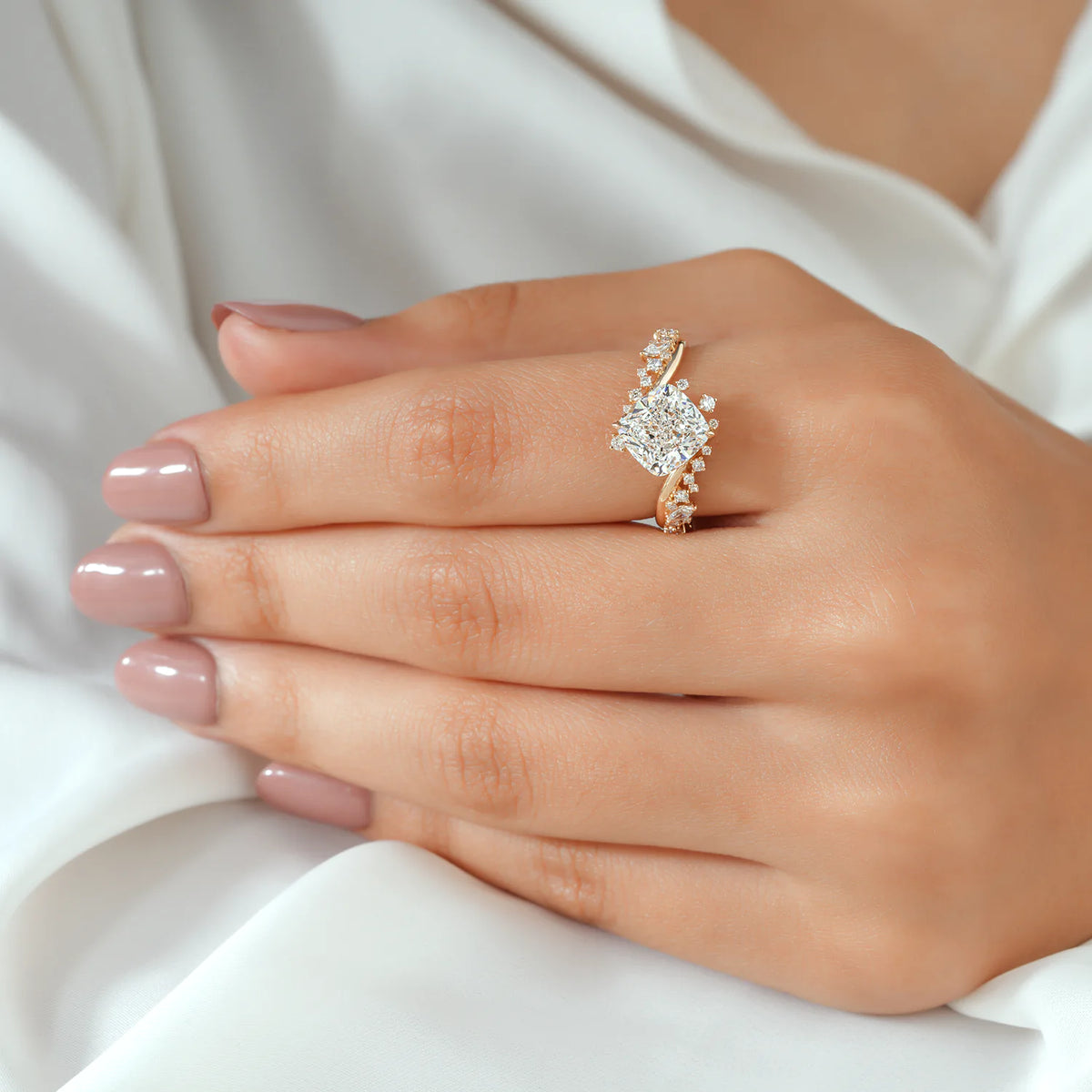 Cushion Lab Grown Diamond Ring, Scattered Diamond Wrap Bypass Ring