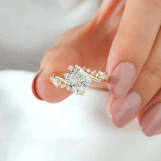Cushion Lab Grown Diamond Ring, Scattered Diamond Wrap Bypass Ring