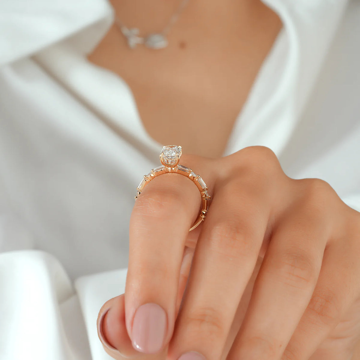 Emerald Cut Bridal Set with Hidden Halo and Baguette Band