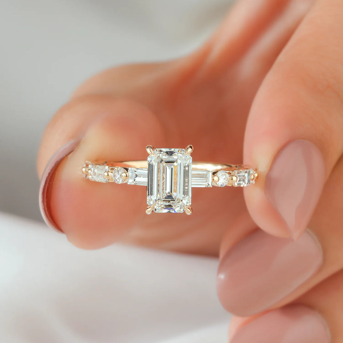 Emerald Cut Bridal Set with Hidden Halo and Baguette Band