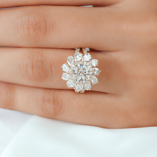 Cushion Cut Lab Grown Diamond Double Halo Flower Engagement Ring with Pear Shaped Petals and Split Shank Pave Band in Gold or Platinum