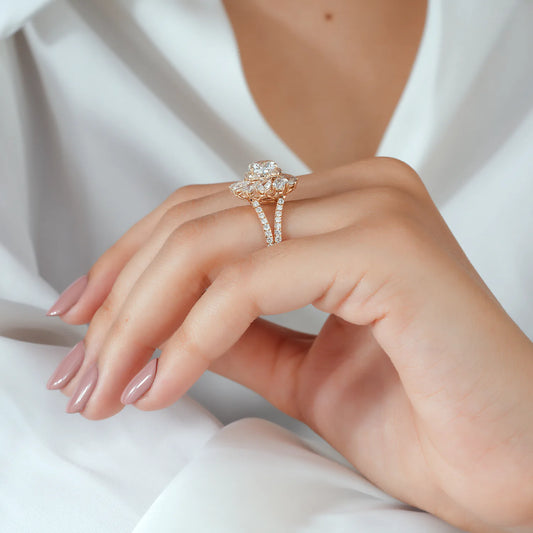 Cushion Cut Lab Grown Diamond Double Halo Flower Engagement Ring with Pear Shaped Petals and Split Shank Pave Band in Gold or Platinum